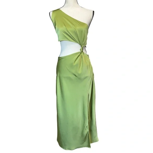 Showpo. Kaniva Midi Dress One Shoulder Open Back Dress in Olive Green Size 6 - Picture 1 of 16